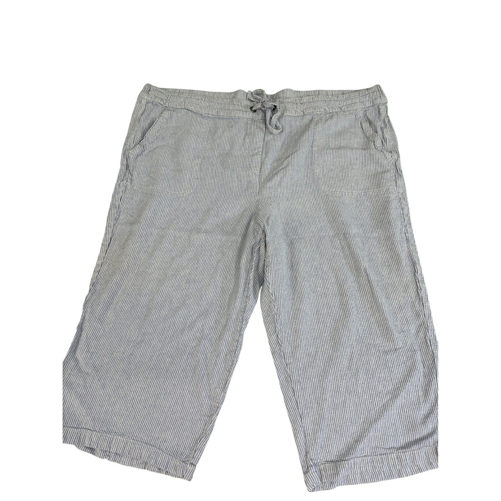Per Se‎ Womens 3X Blue Striped Linen Blend Drawstring Cropped Pants Seersucker